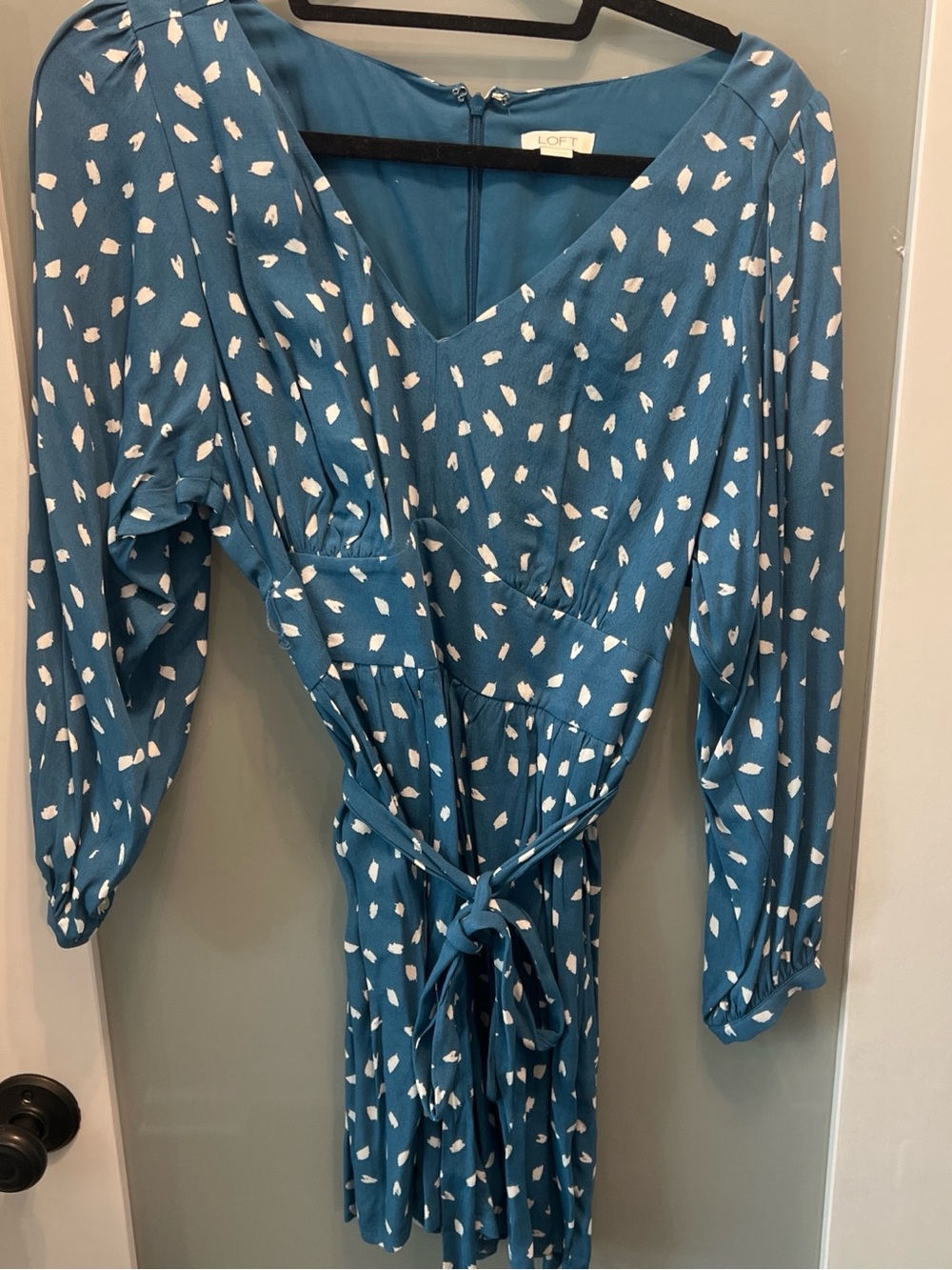 LOFT Teal Blue Printed V-Neck Long Sleeve romper